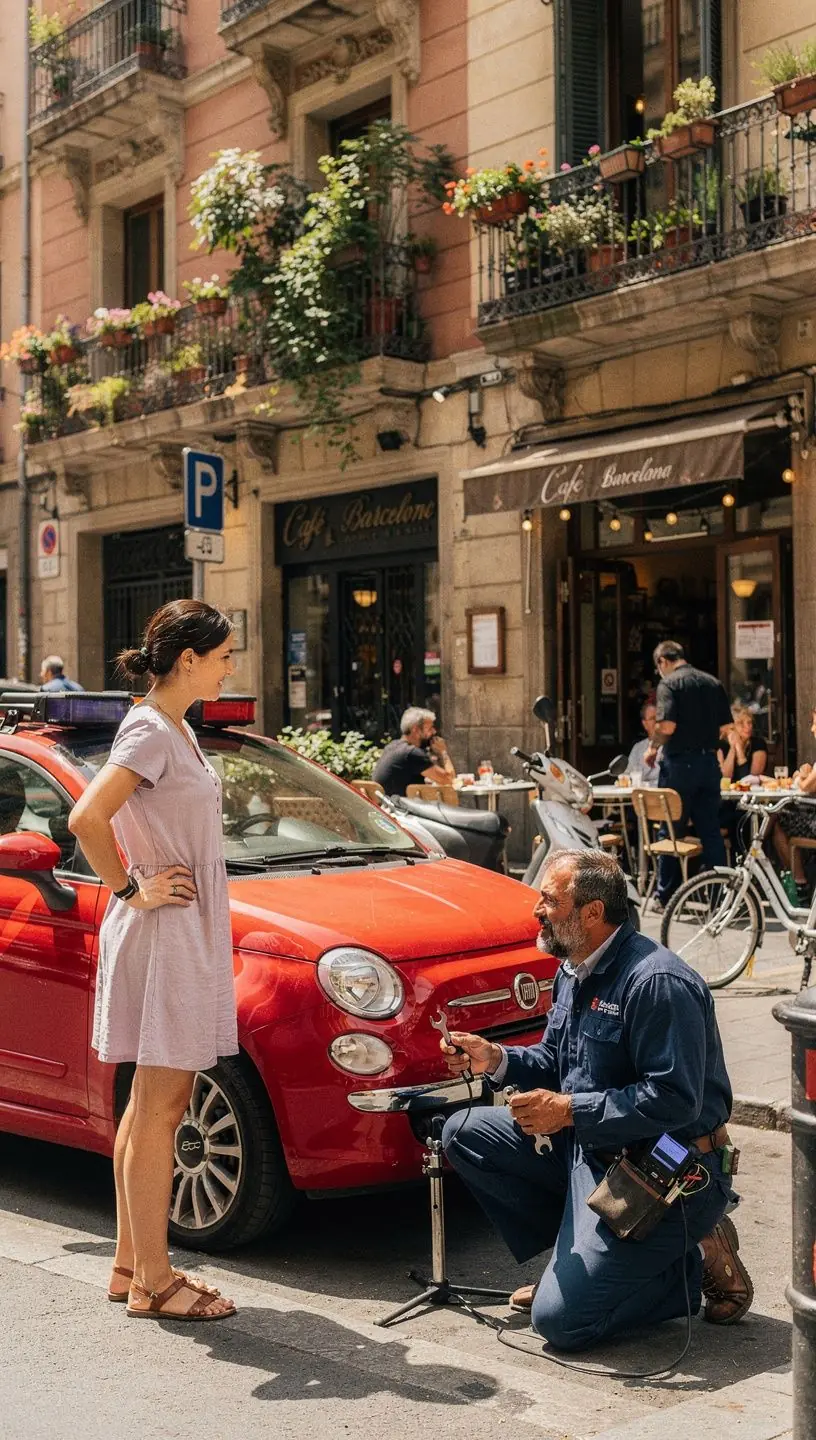 Imagen de mecánico móvil ajustando componentes del motor con atención y precisión en área urbana de España.